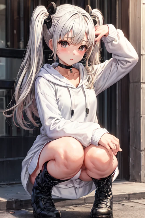 masterpiece, highest quality, High resolution, insurance, Twin tails ,black choker, White hoodie, Lower the hood, Bottomless, squat, squat pose、Knees come apart、Release your knees、Panties、Outdoor, street, boots