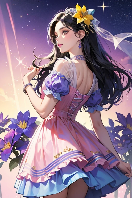 (best quality,4k,8k,highres,masterpiece:1.2),ultra-detailed,(realistic,photorealistic,photo-realistic:1.37),acrylic painting,beautiful Brazilian model in a Lolita dress with downy hair,beautiful Brazilian model with extremely colorful hair and detailed facial features,beautiful Brazilian model standing in a beautiful garden surrounded by a starry sky,brown hair,beautiful Brazilian model wearing a vibrant Lolita dress,beautiful Brazilian model with intricate accessories,cat ears,beautiful Brazilian model posing gracefully with her hands on her hips,beautiful Brazilian model with long flowing twintails,beautiful Brazilian model with bright blue eyes and rosy lips,beautiful Brazilian model with a joyful expression,beautiful Brazilian model in a dynamic pose with cherry blossoms falling around her,beautiful Brazilian model surrounded by colorful flowers and butterflies,beautiful Brazilian model's dress adorned with cute bows and lace details,beautiful Brazilian model with an enchanting smile,beautiful Brazilian model with soft, pastel-colored shading,beautiful Brazilian model with a magical glow illuminating her,beautiful Brazilian model in a picturesque setting with a winding path leading to a magnificent castle,beautiful Brazilian model holding a microphone and singing passionately,beautiful Brazilian model with a fairytale-like background,beautiful Brazilian model with a soft, dreamy atmosphere,beautiful Brazilian model with a subtle bokeh effect,beautiful Brazilian model standing under a moonlit sky,beautiful Brazilian model with a warm, golden sunset in the background,beautiful Brazilian model surrounded by twinkling stars and colorful nebulae,creating an ethereal and captivating artistic masterpiece.
