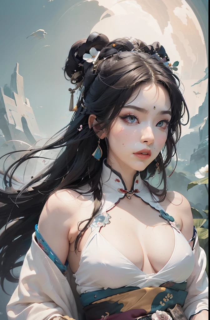 Ambilight,masterpiece,Ultra-high quality,(Super detailed original illustrations),((Hanfu fashion)),Clean cloth,Flower blossom background,double contact,Fusion of fluid abstract art,(Original illustration composition),( Limited color blending, Maximalist art style, Geometric artstyle, junk art),zhongfenghua,