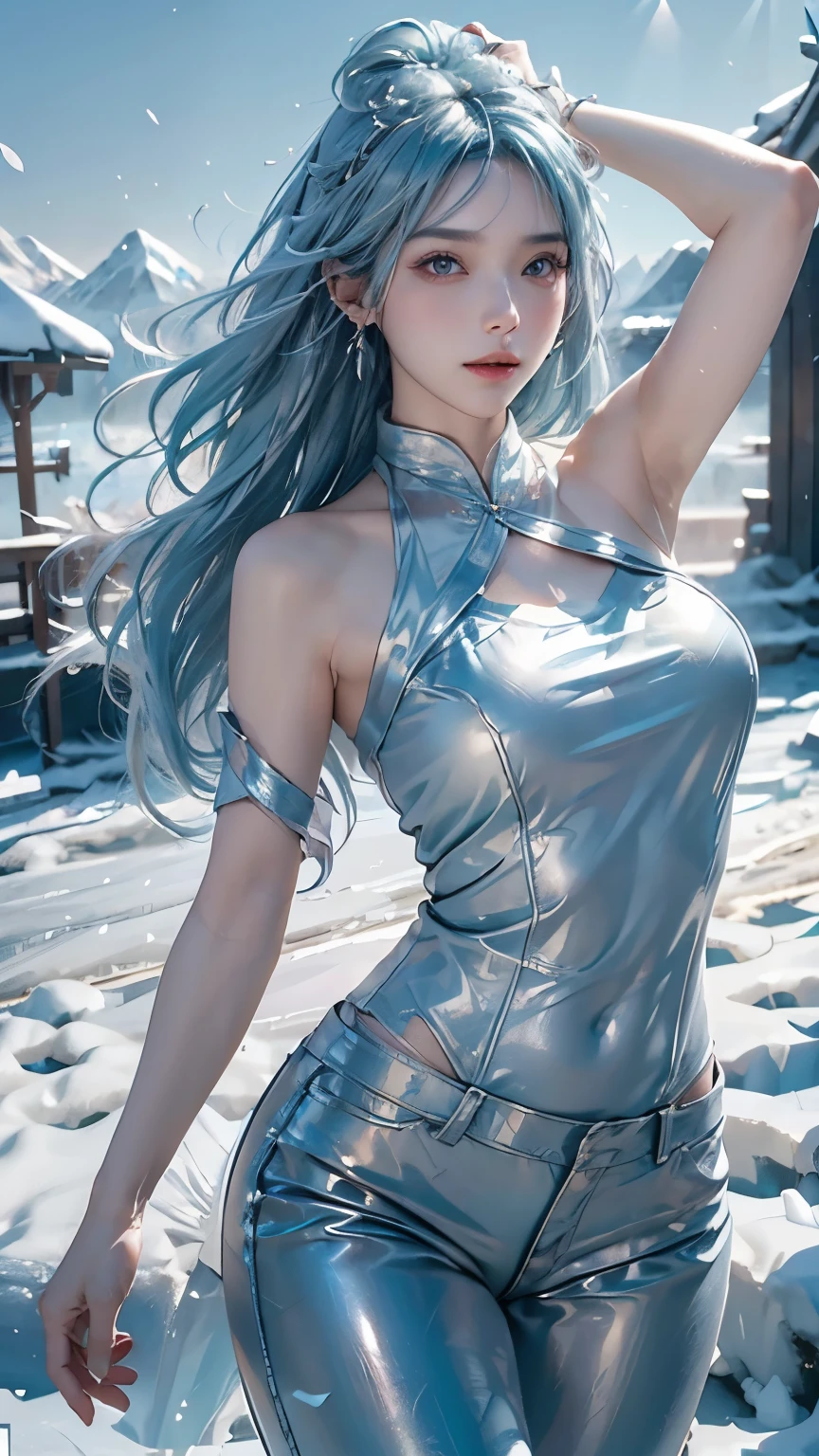 (logo、masterpiece、8k、Tabletop、RAW Photos、wonderful、最high quality、フォトリアルでVery detailedなCG統合8k壁紙、high quality、Very detailed、Narrative poem、Particle Effects、Dynamic Effects、Depth of text、Cinematic Light、Lens flare、Ray Tracing)、Fantasy、(1 beauty、Light blue hair、Beautiful Face、Real Face、Detailed eyes、Beautiful Skin、woman dancing gracefully:1.7、woman dancing gracefully:1.7)、Windになびく髪、髪弾む髪がWindに舞う、Hair Jump、Light blue halter top、Light blue leather pants suit、Light blue leather jacket、Silver Earrings、night、Wind、darkness、雪とhoarfrost、Frozen Winter Day、snow-capped mountains and forests、hoarfrost、Snow-capped mountain々、The beauty and brilliance of frost-covered trees、Silent and beautiful grasslands in a world of ice and snow、vast land、Lakeside、wonderful景色、美しい自然のWindの景色、night空、Wind、cherry blossoms、cherry blossomsの花びらが舞っている、cherry blossoms吹雪、Falling petals