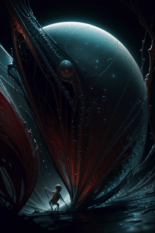 best quality,4k,8k,highres,masterpiece:1.2,ultra-detailed,realistic:1.37,HDR,UHD,studio lighting,ultra-fine painting,sharp focus,physically-based rendering,extreme detail description,professional,art nouveau,tarot card style, 2characters, dynamic angle, female alien,(creatures from outer space),(GirlfriendMix2:1),((A humanoid female alien is emerging crawling out from inside a cocoon:1.5)), ((her lower body is still inside the cocoon:1.5)), evolution, (the alien body fluids nurture the surroundings), fractalized, futuristic alien, (wearing a glass exoskeleton),biological exoskeleton,alien flora,(surreal sci-fi background with bioluminescent fungi),vivid colors,earthen and pale red hues,trending on cgsociety,landscape,(horror),Yoshitaka Amano style,sci-fi,concept artists,bright and vibrant colors,dreamy lighting