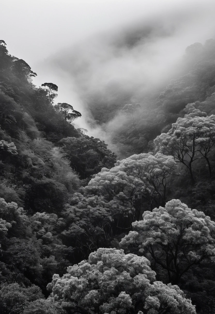 Uma paisagem em preto e branco sobre , ((dois morros um do lado do outro)), (full of trees and with fog halfway up the hill