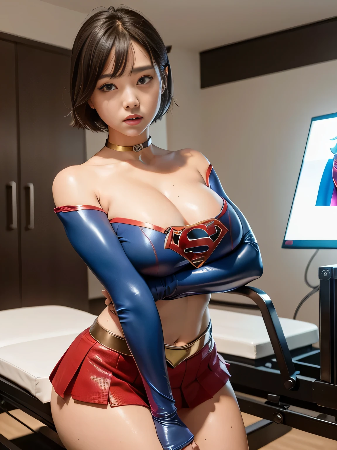 masterpiece、Supergirl Costume、short hair、barefoot、Big and ample breasts、Experimental facilities、operating table、Pilates、Oily Skin、Shiny、Look at the camera、Sexy poses to seduce、Model Body Type、choker、Long sleeve、Red mini skirt、Cowgirl、Estrus、Sweaty、Radical、Off the shoulder、Alluring、abused、charm、Fascinating、