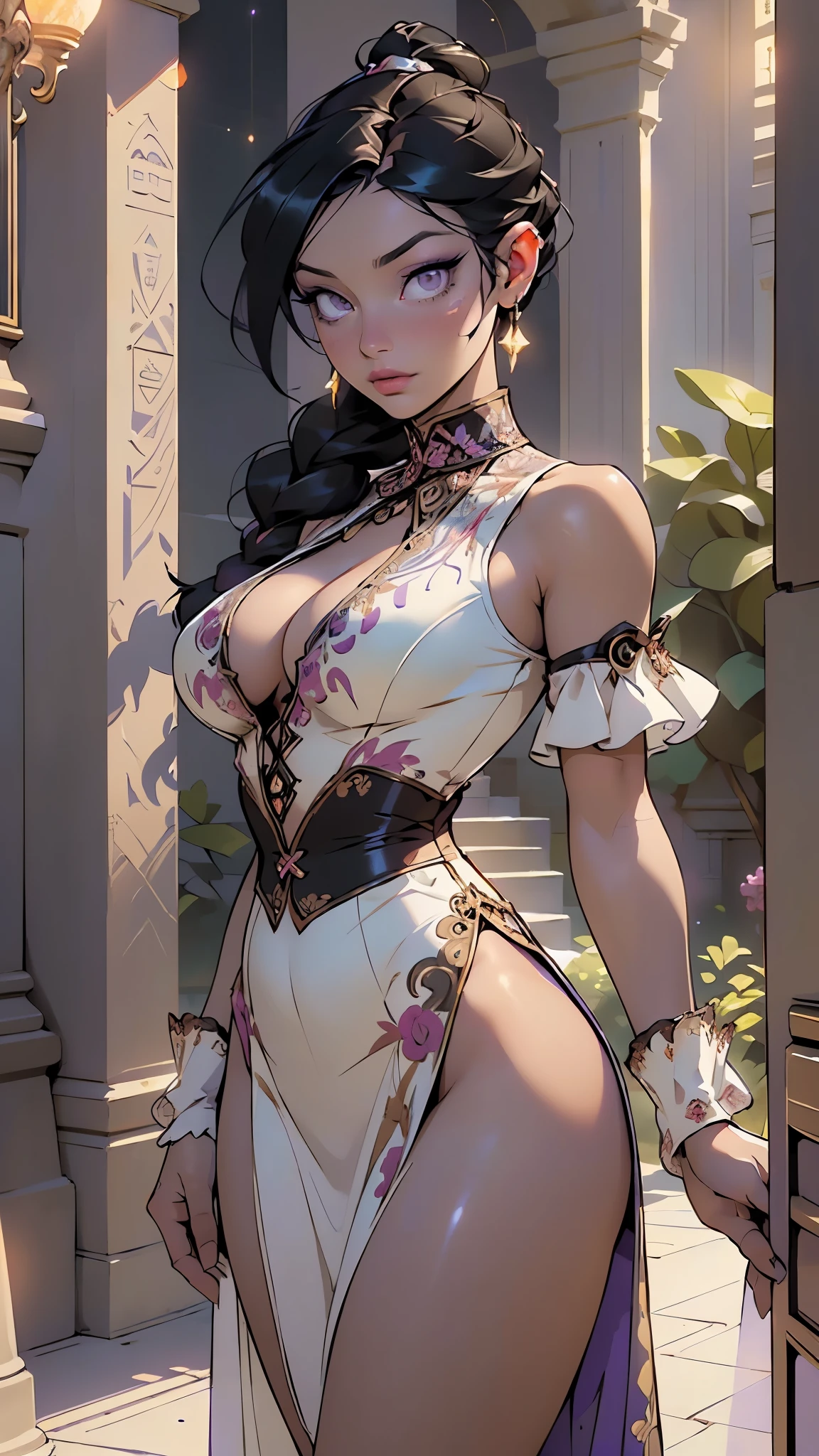 girl from Victorian era,1girl,
(large breasts:1.4),((((long twin braids,tight braids,long braid,braided hair,long hime cut,dark hair,black hair,colored inner hair)))),(((purple_eyes:1.3))),intricate eyes,beautiful detailed eyes,symmetrical eyes,((((lustrous skin:1.5,tanned skin,bright skin: 1.5,skin tanned,shiny skin,very shiny skin,shiny body,Reflective skin)))),(spider lower abdomen,narrow waist,wide hip,athletic body,inflated legs,thick thighs,delicate detailed fingers,(detailed face)),beautiful detailed lips,
cute,slutty,sensual,seductive look,seductive,((erotic)),opulent,sumptuous,((nsfw)),
(((eyeshadow,egyptian makeup,eyelid makeup))),zettai ryouiki,revealing clothing,show skin,(her gown is French silk, satin, and lace, decorated with ribbons, delicate embroidery, multiple layers, and rich colors), (in a purple dress, big chest cleavage, in a beautiful ball gown with open shoulders of purple color), ((open collar, revealing most breasts,huge cleaveage)), (((bare legs,bare shoulders,bare neck))),(((intricate outfit,embroidered outfit,ornate outfit,embroidered clothes,ornate clothes))),
(flirtatious pose:1.3), looking at viewer,embarrassed,(centered,scale to fit dimensions,Rule of thirds),
((((surrounded by tiny orbs of bright purple light that float and spin around him)))),
indoor,((Victorian style dark palace at night)),scenery:1.25,intricate scenery,extremely scenery,((Victorian style dark palace in the background)),
(Glossy Victorian era ornaments),highres,sharp focus,(ultra detailed,extremely detailed),(photorealistic artwork:1.37),(extremely detailed CG unity 8k wallpaper),(((vibrant colors,vibrant theme))),(intricate),(masterpiece),(best quality),artistic photography,(photography taken by sldr),(intricate background),perfect rendered face,perfect face details,realistic face,photo realistic,((intricate detail)),(((realism))),