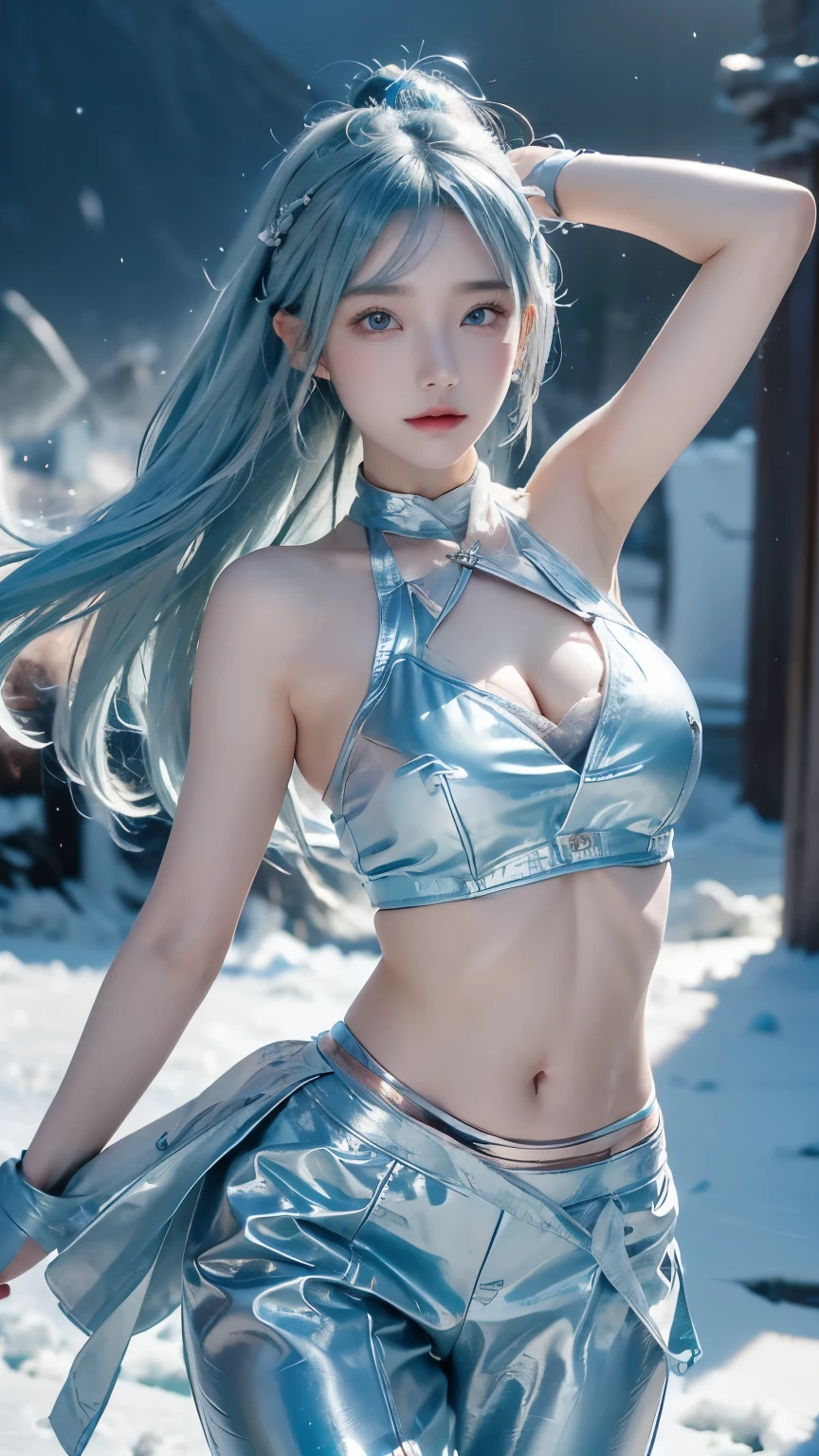 See-through idol costume、Chest opening、Transparent nipples、Leaning forward、１People Girls、stage、Light blue hair