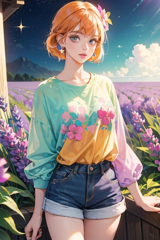 She is a bluish-lavender  with faded blue lips and orange hair. She wears a pale green shirt with a pink flower and dark green shorts. SPARKLE; GLITTER