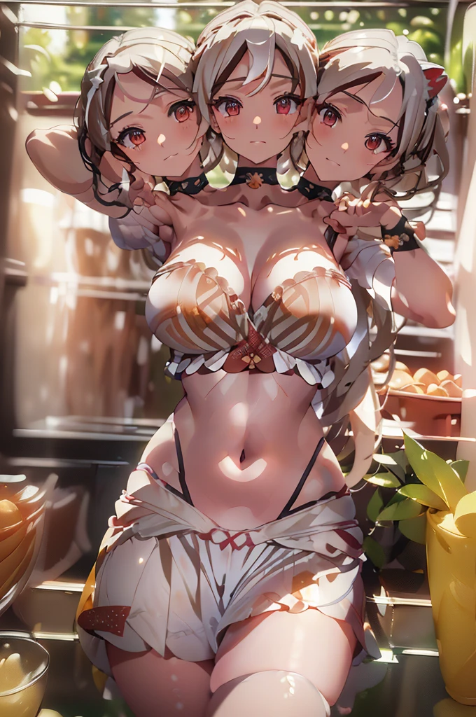 (masterpiece, best quality), best quality, best resolution, (ultra-detailed), (3heads:1.5), 1girl, (goutokuji mike1.3), masterpiece, best quality, ultra quality, ultra resolution, ultra detail, white top, crop top, ((stomach)), midriff, ((groin)), white skirt, normal ears, shackles, white hair, very long hair, wavy hair, sidelocks, orange eyes, detailed eyes, parted lips, sweat, cute, toned belly, hand on own chest, eyelashes, (23 year old woman:1.3), (masterpiece:1.5), (best quality:1.5), (beautiful detailed extremely detailed CG, extremely delicate and beautiful, depth of field, (finely detailed face), (perfect details:1.2), (mature female:1.4), wide pelvis, slender, large veiny breast, 16k resolution, highres, high quality, high definition, extremely detailed, masterpiece, best quality, white hair, long hair, alluring presence, braid, short skirt, close up, big tits, young, multicolored hair, streaked hair, cat girl, cat tail,