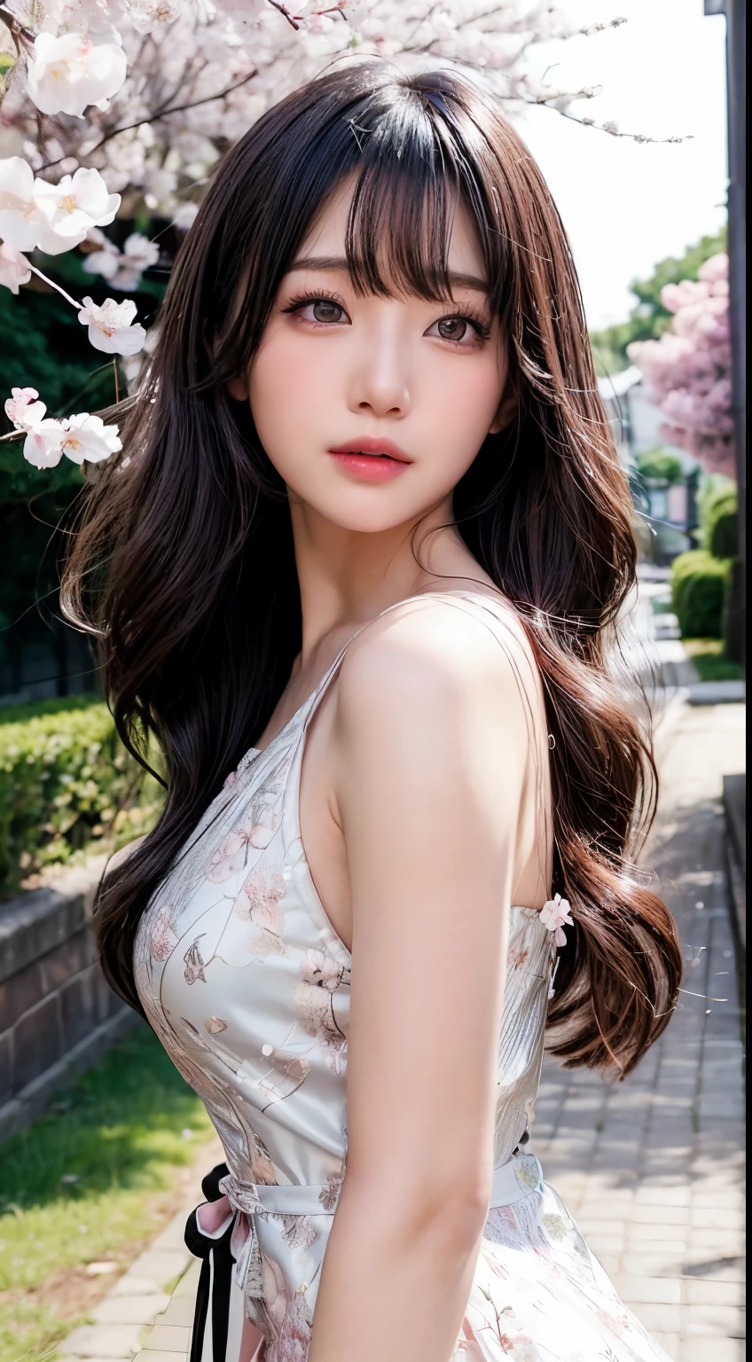 (logo、masterpiece、8K、table top、RAW photo、wonderful、最high quality、Photorealistic and very detailed CG integrated 8k wallpaper、high quality、very detailed、narrative poem、particle effects、dynamic effects、Depth of the bounds written、cinematic light、Lens flare、ray tracing)、fantasy、 (1 beautiful woman、dress、dress、cherry blossom pattern、black haired、beautiful face、real face、beautiful details eyes beautiful skin)、My hair dances in the wind、Hair flutters in Wind、hair jump、pink cherry tree、petals dance、SakuraFubuki、wonderful scenery、sunrise、sun on background、Wind、