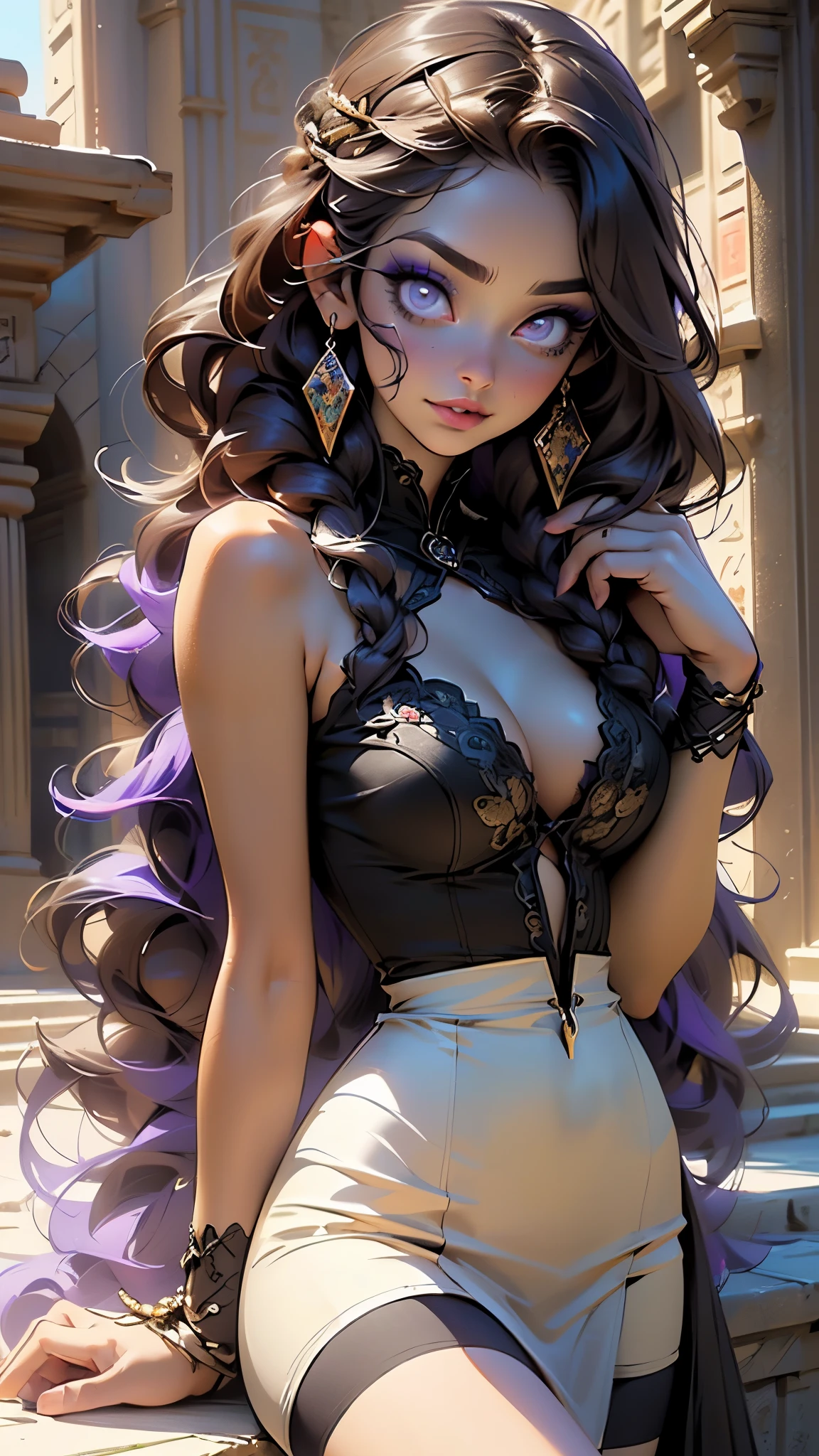 girl from Victorian era,1girl,

(large breasts:1.4),((((long twin braids,tight braids,long braid,braided hair,long hime cut,dark hair,black hair,colored inner hair)))),(((purple_eyes:1.3))),intricate eyes,beautiful detailed eyes,symmetrical eyes,((((lustrous skin:1.5,tanned skin,bright skin: 1.5,skin tanned,shiny skin,very shiny skin,shiny body,Reflective skin)))),(spider lower abdomen,narrow waist,wide hip,athletic body,inflated legs,thick thighs,delicate detailed fingers,(detailed face)),beautiful detailed lips,

cute,slutty,sensual,seductive look,seductive,((erotic)),opulent,sumptuous,((nsfw)),

(((eyeshadow,egyptian makeup,eyelid makeup))),zettai ryouiki,revealing clothing,show skin,(her gown is French silk, satin, and lace, decorated with ribbons, delicate embroidery, multiple layers, and rich colors), (in a purple dress, big chest cleavage,  in a beautiful ball gown with open shoulders of purple color), ((open collar, revealing most breasts,huge cleaveage)), (((bare legs,bare shoulders,bare neck))),(((intricate outfit,embroidered outfit,ornate outfit,embroidered clothes,ornate clothes))),

(flirtatious pose:1.3), looking at viewer,embarrassed,(centered,scale to fit dimensions,Rule of thirds),

((((surrounded by tiny orbs of bright purple light that float and spin around him)))),

indoor,((Victorian style dark palace at night)),scenery:1.25,intricate scenery,extremely scenery,((Victorian style dark palace in the background)),

(Glossy Victorian era ornaments),highres,sharp focus,(ultra detailed,extremely detailed),(photorealistic artwork:1.37),(extremely detailed CG unity 8k wallpaper),(((vibrant colors,vibrant theme))),(intricate),(masterpiece),(best quality),artistic photography,(photography taken by sldr),(intricate background),perfect rendered face,perfect face details,realistic face,photo realistic,((intricate detail)),(((realism))),
