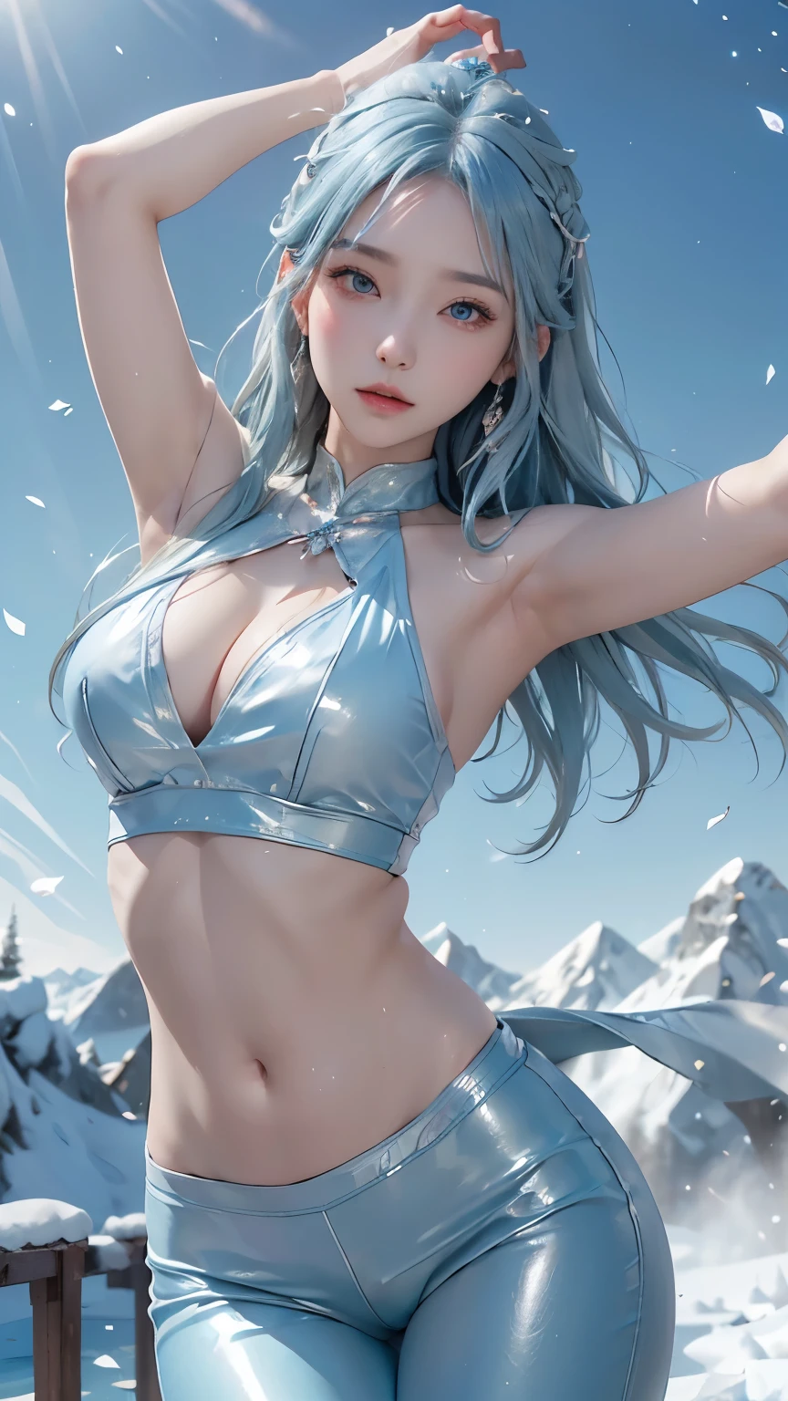 (logo、masterpiece、8k、Tabletop、RAW Photos、wonderful、最high quality、フォトリアルでVery detailedなCG統合8k壁紙、high quality、Very detailed、Narrative poem、Particle Effects、Dynamic Effects、Depth of text、Cinematic Light、Lens flare、Ray Tracing)、Fantasy、(1 beauty、Light blue hair、Beautiful Face、Real Face、Detailed eyes、Beautiful Skin、woman dancing gracefully:1.7、woman dancing gracefully:1.7)、Windになびく髪、髪弾む髪がWindに舞う、Hair Jump、Light blue halter top、Light blue leather pants suit、Light blue leather jacket、Silver Earrings、night、Wind、darkness、雪とhoarfrost、Frozen Winter Day、snow-capped mountains and forests、hoarfrost、Snow-capped mountain々、The beauty and brilliance of frost-covered trees、Silent and beautiful grasslands in a world of ice and snow、vast land、Lakeside、wonderful景色、美しい自然のWindの景色、night空、Wind、cherry blossoms、cherry blossomsの花びらが舞っている、cherry blossoms吹雪、Falling petals