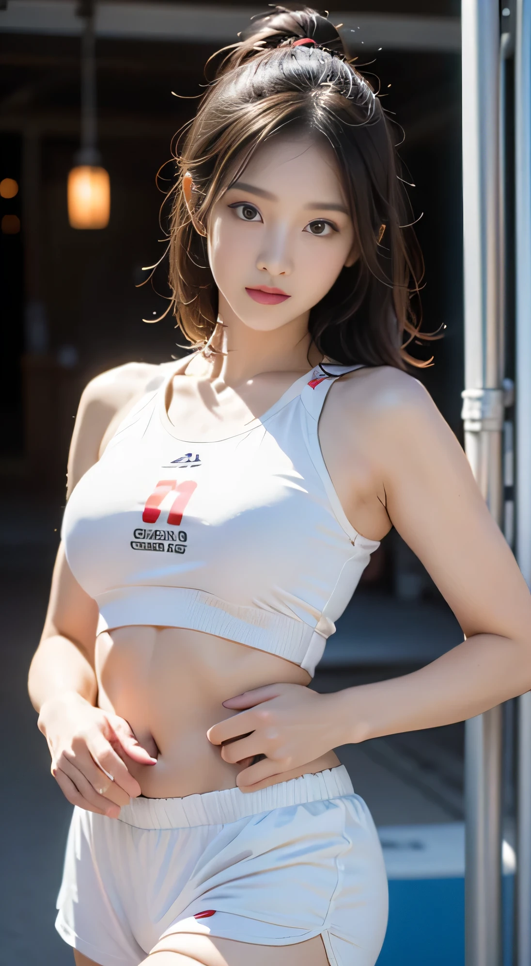 Spread legs, Shoot from below, pussy line, Cameltoe, Looking at the camera, sexy marathon uniform, A slender, Kissing face, idolface, Neat face, Blur the background, bob cuts, Colossal tits, 14years, Lori, A smile, masterpiece, top-quality, Raw photo, Photorealsitic, beautiful a girl, cute little, shorth hair, depth of fields, hight resolution, ultra-detailliert, finely detail, ighly detailed, extremely detailed eye and face, Sharp pupils, Cinematic lighting