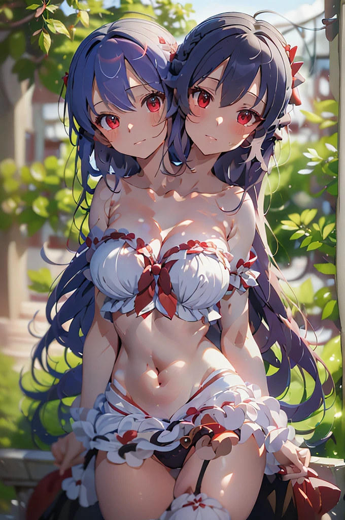 (masterpiece, best quality), best quality, (ultra-detailed), (3heads:1.5), 1girl, (nagae iku:1.3), masterpiece, best quality, ultra quality, ultra resolution, white and red top, crop top, ((stomach)), midriff, ((groin)), black skirt, normal ears, shackles, light indigo hair, very long hair, wavy hair, sidelocks, red eyes, parted lips, midriff, sweat, cute, toned belly, hand on own chest, eyelashes, (24 year old woman:1.3), (masterpiece:1.5), (best quality:1.5), (beautiful detailed), extremely detailed CG, extremely delicate and beautiful, depth of field, (finely detailed face), (perfect details:1.2), (mature female:1.3), wide pelvis, slender, large veiny breast, 16k resolution, highres, very high quality, very high definition, extremely detailed, masterpiece, light indigo hair, long hair, alluring presence, braid, short skirt, close up, big tits, young, hairband, black hat, red bow, midriff, nsfw,