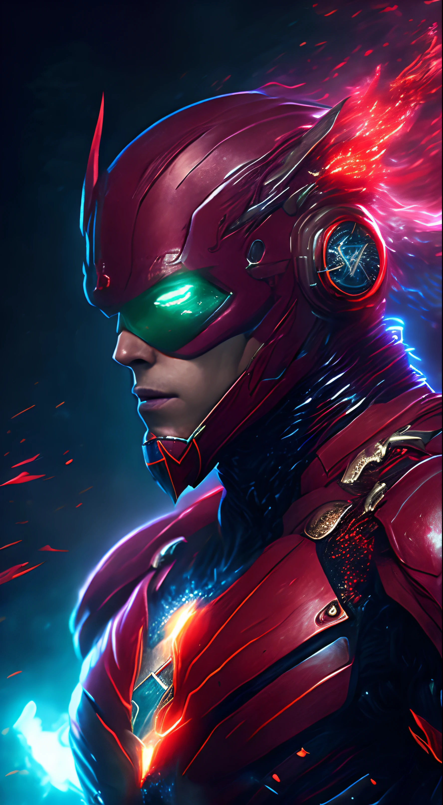 retrato sombrio de Deus Cyborg Flash da DC, extremamente detalhado, underwater city, night time, glowing neon lights, smoke, sparks, Lascas de metal, Detritos voadores, Efeitos da energia vermelha, Volumetric light, tiro de vaqueiro.
