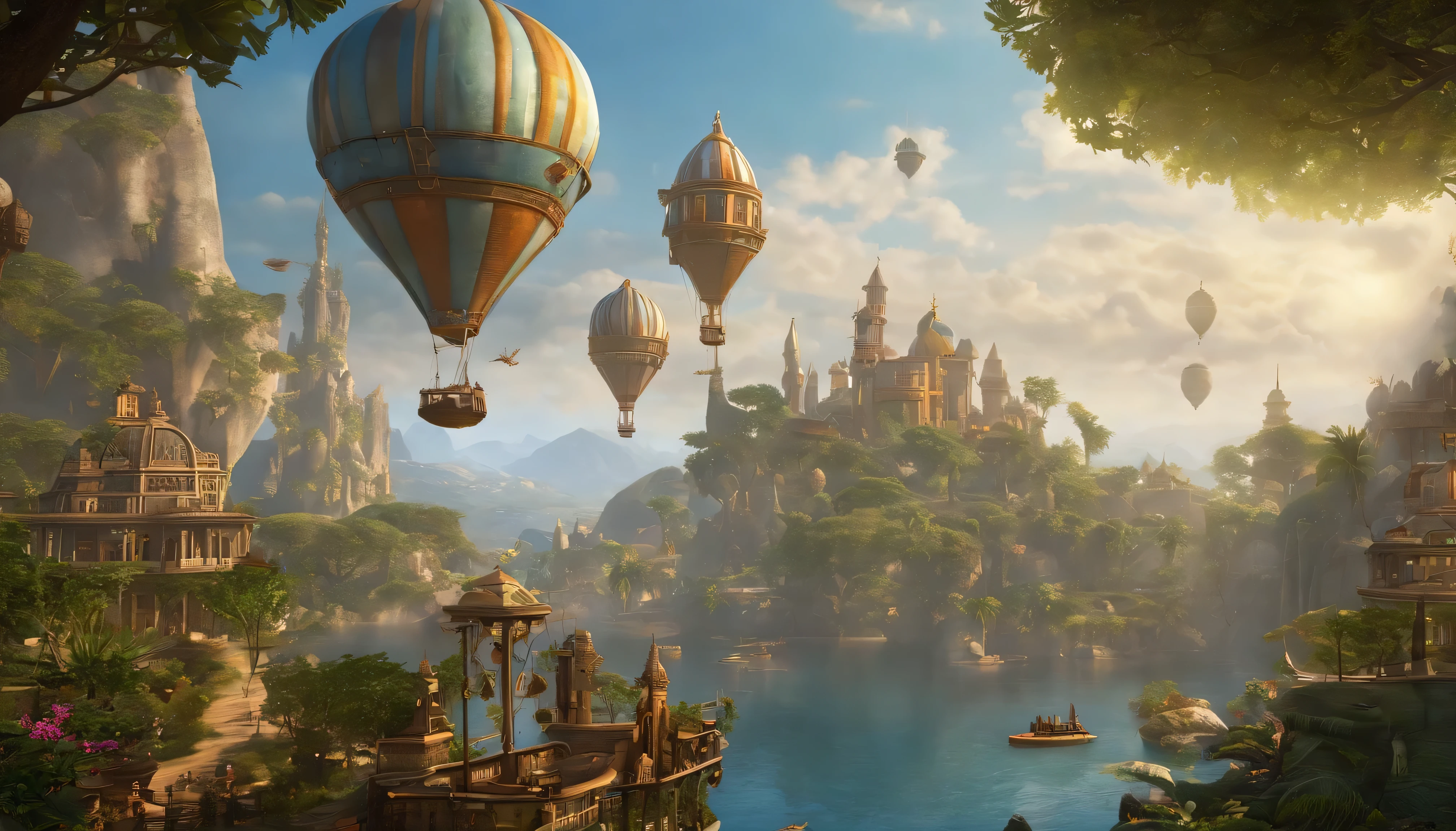 Many islands are suspended in the air with many small airships flying around, cities, fantasy, magical plants growing, extreme details, realistic light, epic composition, (complex details), (complex design, ultra-details :1.2), Art Station, (Masterpiece, Best Quality), Ultra HD, 32k --v 6