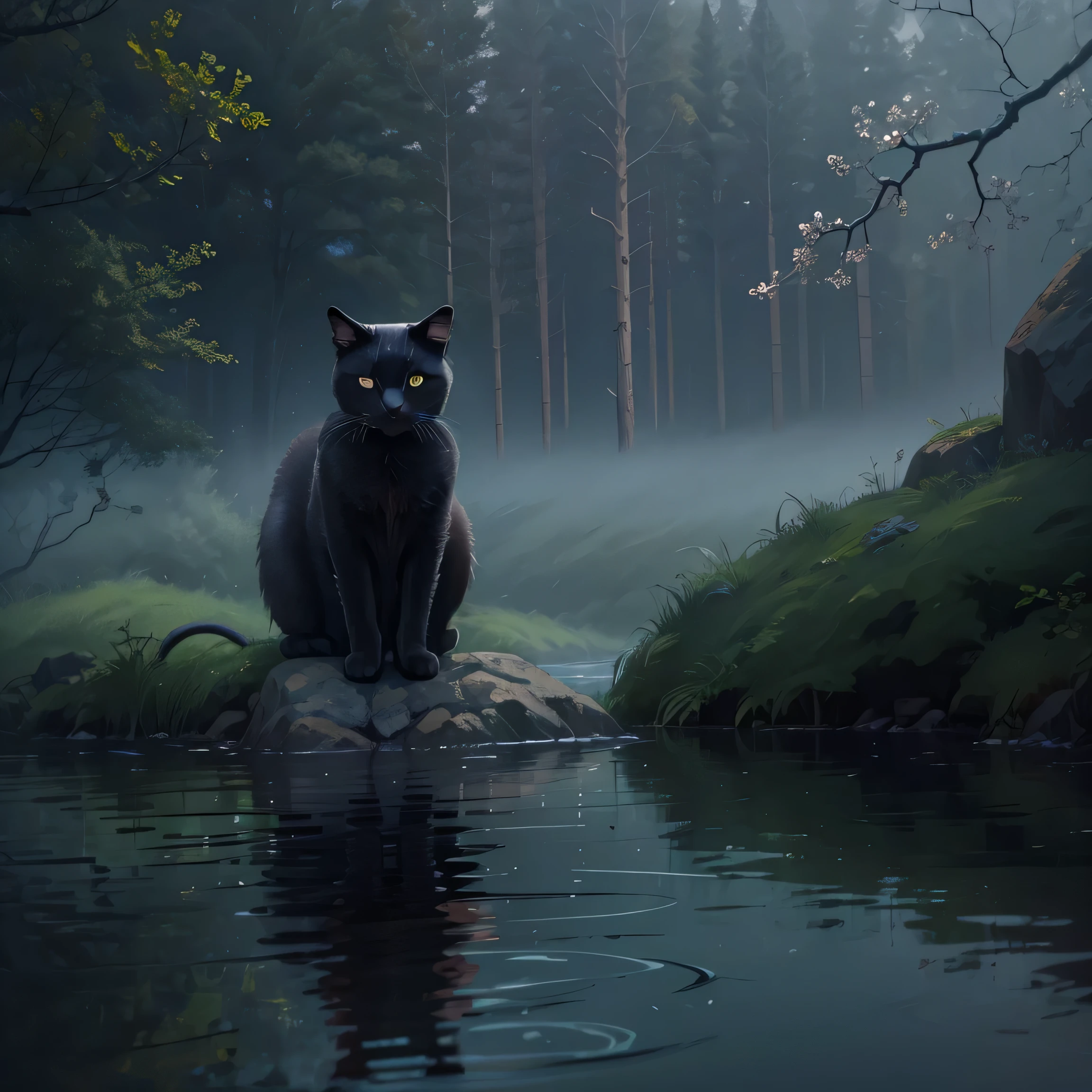 arafed Black cat sitting on a rock in a lake, Photo by Emma Andiewska, Unsplash, Minimalism, Cat God of Darkness, Guardian of the Sacred Lake, devil cat, Black cat, Cat Pictures, On the misty lake, Scary and gloomy, Black cats, A calm and mysterious atmosphere, Dark and foggy, In a threatening pose