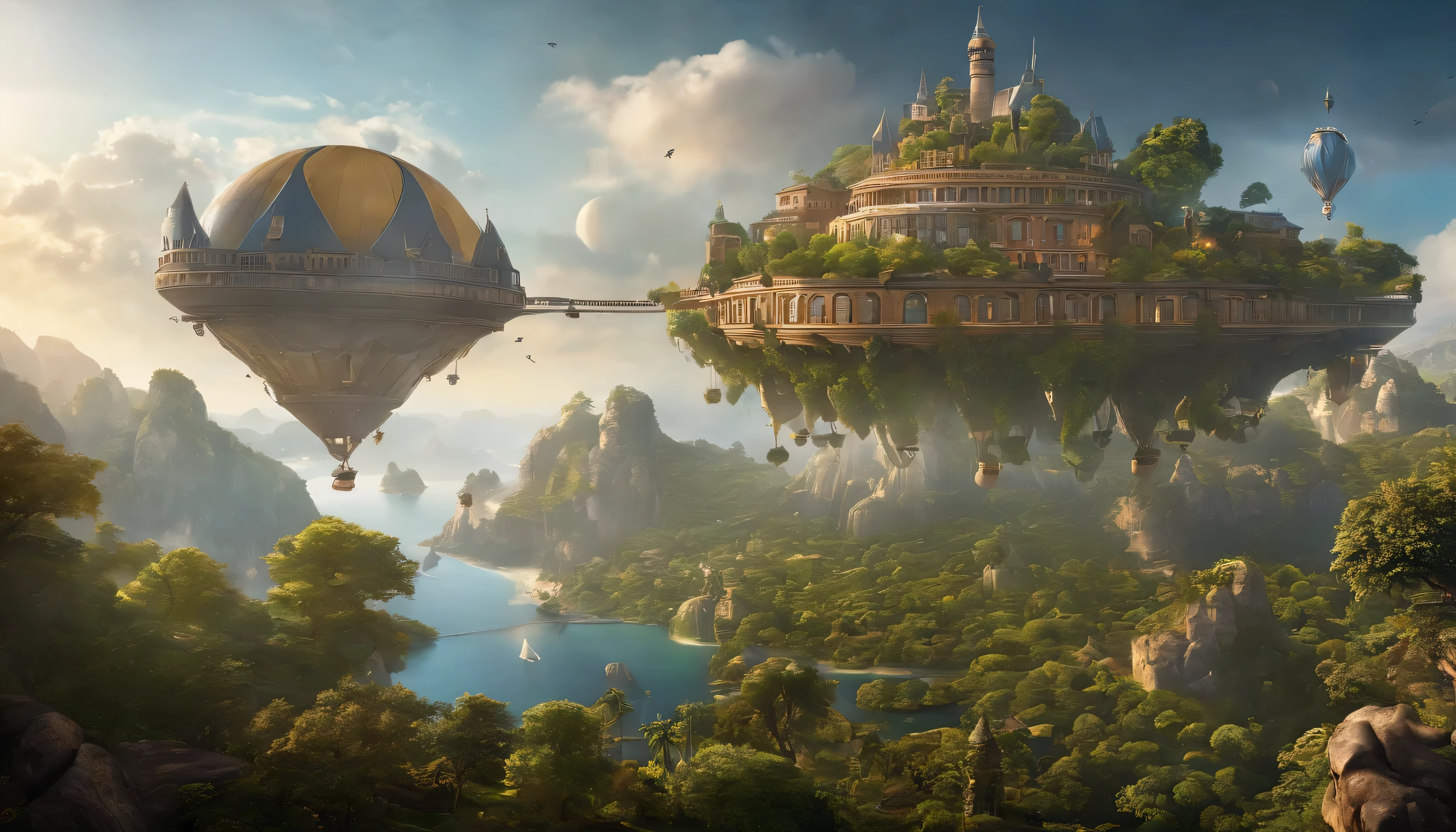 Many islands are suspended in the air with many small airships flying around, cities, fantasy, magical plants growing, extreme details, realistic light, epic composition, (complex details), (complex design, ultra-details :1.2), Art Station, (Masterpiece, Best Quality), Ultra HD, 32k --v 6