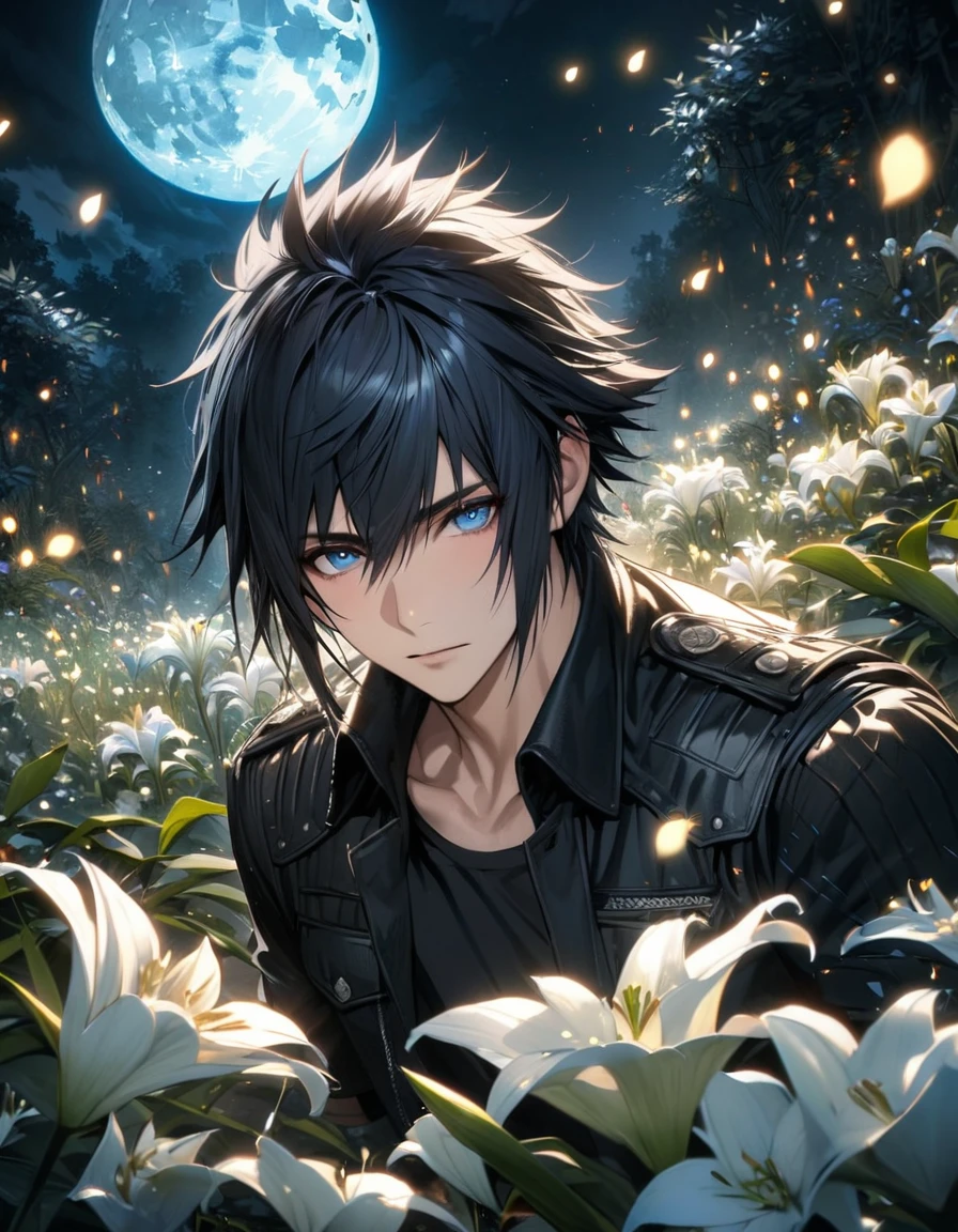 absurdres, highres, ultra detailed, HDR, master piece, best quality, Noctis Lucis Caelum, black hair, expressive blue eyes, Final Fantasy XV, 1man, handsome, petals, white lilies, moon, fireflies, extremely detailed face and eyes