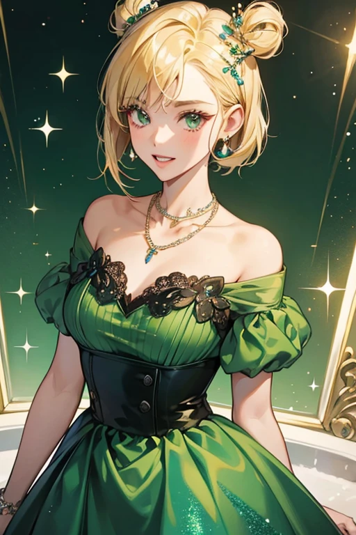She is short blonde hair and two big buck teeth. She wears a green dress, a blue necklace, and a pair of black s. SPARKLE; GLITTER