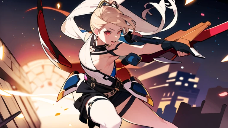 colorful , masterpiece, best quality, 1girl, weapon, solo, holding weapon, ((blurry background)), bare shoulders, combat,