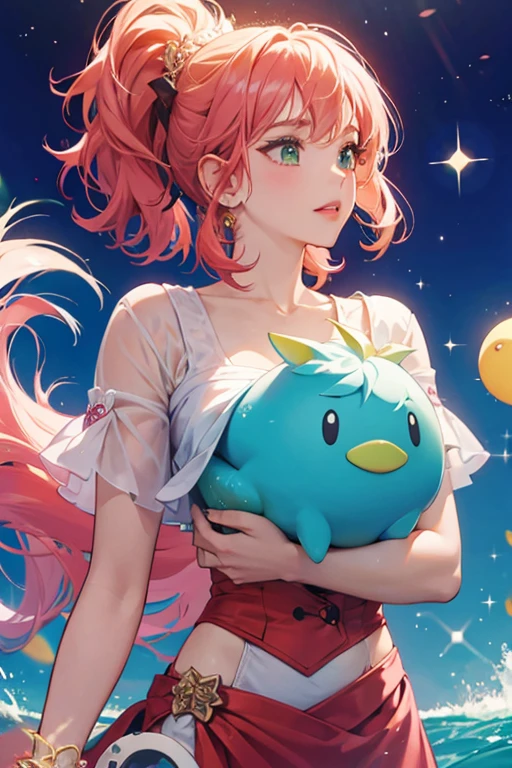 She is an orange who wears a white T-shirt and has pinkish black puffy hair, a green back fin, and pink lips. SPARKLE; GLITTER