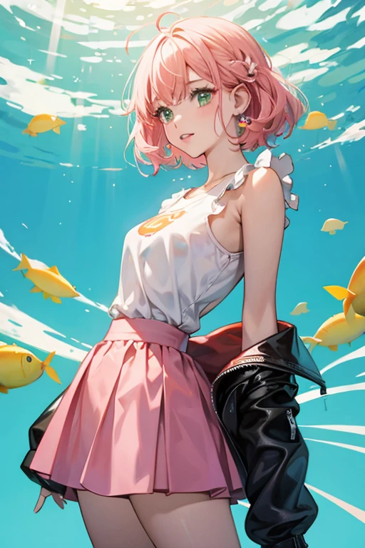 She is an orange  who wears a white T-shirt and has pinkish black puffy hair, a green back fin, and pink lips. SPARKLE; GLITTER