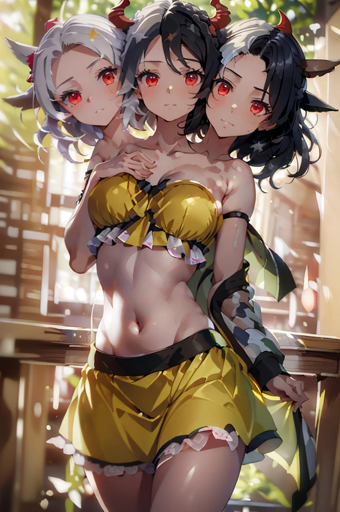 (masterpiece, best quality),best quality, (ultra-detailed), (3heads:1.5), 1girl, (ushizaki urumi:1.3), masterpiece, best quality, white top, crop top, ((stomach)), midriff, ((groin)), yellow skirt, normal ears, shackles, black hair, very long hair, wavy hair, sidelocks, red eyes, parted lips, single horn, sweat, cute, toned belly, hand on own chest, eyelashes, (24 year old woman:1.3), (masterpiece:1.4), (best quality:1.4), (beautiful detailed extremely detailed CG, extremely delicate and beautiful, depth of field, (finely detailed face), (perfect details:1.1), (mature female:1.3), wide pelvis, slender, large veiny breast, 8k resolution, very high quality, very high definition, extremely detailed, masterpiece, black hair, long hair, alluring presence, braid, short skirt, close up, big , young, star hair ornament, yellow ribbon, side ponytail, cabbie hat, hair ornament, two-tone hair, split-color hair, japanese clothes, horns, cow girl, cow horns,