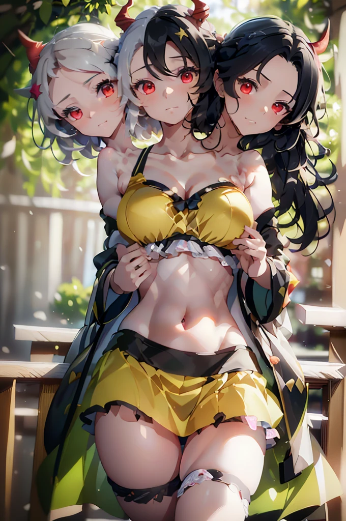 (masterpiece, best quality),best quality, (ultra-detailed), (3heads:1.5), 1girl, (ushizaki urumi:1.3), masterpiece, best quality, white top, crop top, ((stomach)), midriff, ((groin)), yellow skirt, normal ears, shackles, black hair, very long hair, wavy hair, sidelocks, red eyes, parted lips, single horn, sweat, cute, toned belly, hand on own chest, eyelashes, (24 year old woman:1.3), (masterpiece:1.4), (best quality:1.4), (beautiful detailed extremely detailed CG, extremely delicate and beautiful, depth of field, (finely detailed face), (perfect details:1.1), (mature female:1.3), wide pelvis, slender, large veiny breast, 8k resolution, very high quality, very high definition, extremely detailed, masterpiece, black hair, long hair, alluring presence, braid, short skirt, close up, big , young, star hair ornament, yellow ribbon, side ponytail, cabbie hat, hair ornament, two-tone hair, split-color hair, japanese clothes, horns, cow girl, cow horns,