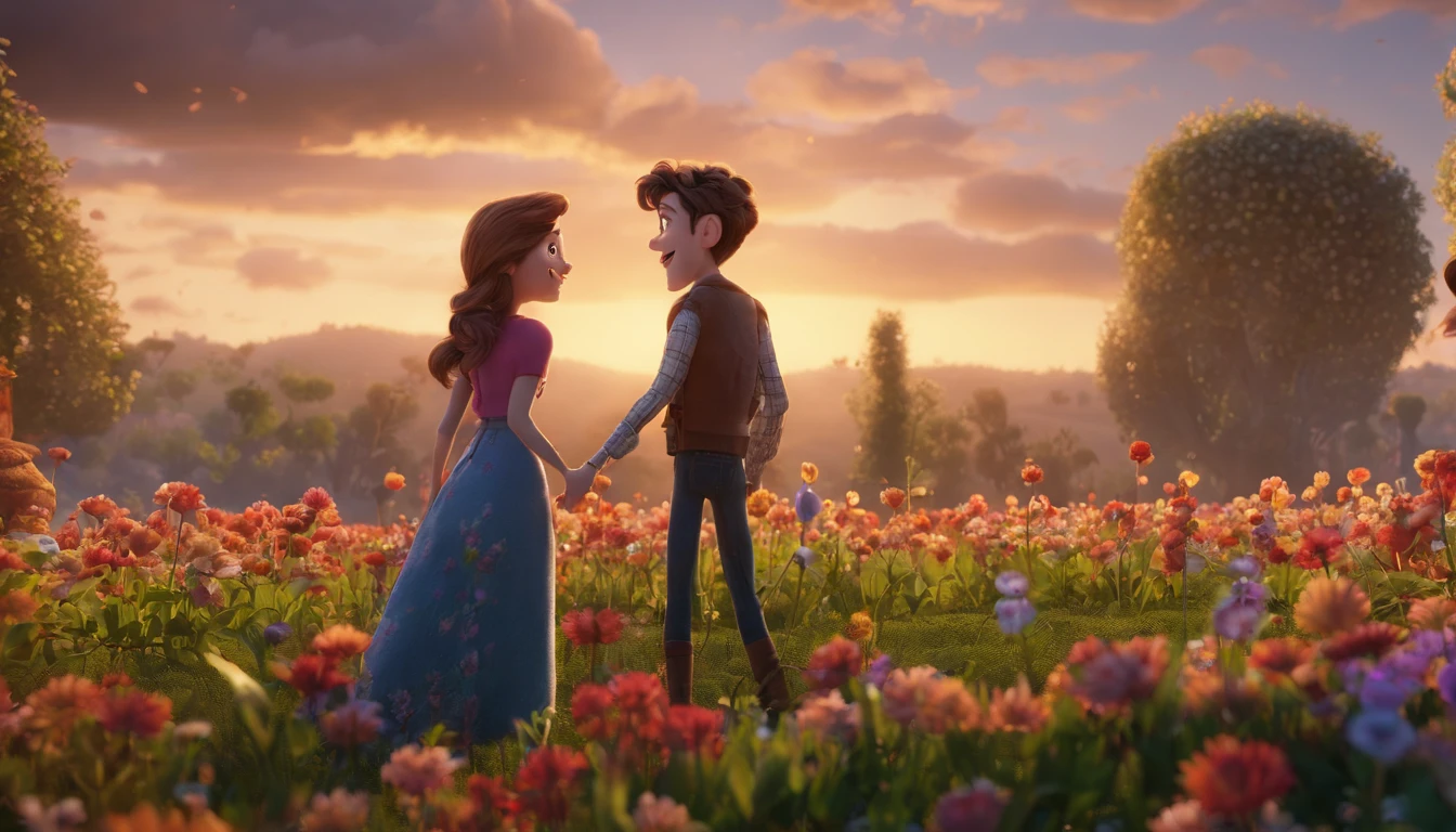 Man with a woman sitting facing each other in a flower field full of leafy trees, animation character, Stylized character, animation style rendering, stylized 3D, Arnold Maya rendering, stylized 3D rendering, rendering screenshot toon, 3D Character, 3D Character, Stylized 3D Rendering, 3D Character Rendering, cartoon character, Close up Character, Character Pose, (Pixar Style) (master part:1.2) (Bokeh) (best quality) ( detailed skin) (detailed texture) (8k) (clay) (cinematic lighting) (sharp focus