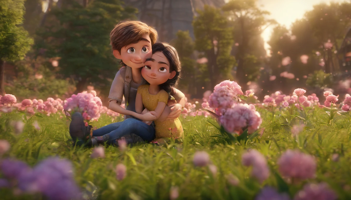 Man with a woman sitting facing each other in a flower field full of leafy trees, animation character, Stylized character, animation style rendering, stylized 3D, Arnold Maya rendering, stylized 3D rendering, rendering screenshot toon, 3D Character, 3D Character, Stylized 3D Rendering, 3D Character Rendering, cartoon character, Close up Character, Character Pose, (Pixar Style) (master part:1.2) (Bokeh) (best quality) ( detailed skin) (detailed texture) (8k) (clay) (cinematic lighting) (sharp focus