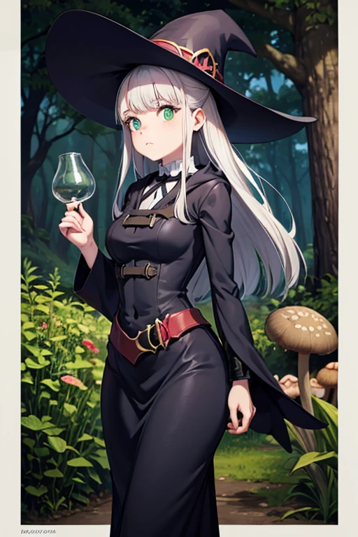 A young silver haired female witch with green eyes and an hourglass figure in a conservative Victorian dress is gathering mushrooms in the forest at night