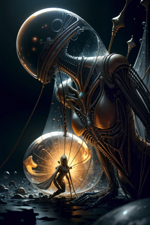 best quality,4k,8k,highres,masterpiece:1.2,ultra-detailed,realistic:1.37,HDR,UHD,studio lighting,ultra-fine painting,sharp focus,physically-based rendering,extreme detail description,professional,art nouveau,tarot card style, 2characters, dynamic angle, female alien,(creatures from outer space),(GirlfriendMix2:1),((A humanoid female alien is emerging crawling out from inside a cocoon:1.5)), ((her lower body is still inside the cocoon:1.5)), evolution, (the alien body fluids nurture the surroundings), fractalized, futuristic alien, (wearing a glass exoskeleton),biological exoskeleton,alien flora,(surreal sci-fi background with bioluminescent fungi),vivid colors,beige and olive hues,trending on cgsociety,landscape,(horror),Yoshitaka Amano style,sci-fi,concept artists,bright and vibrant colors,dreamy lighting