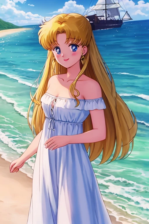 1990s \(style\), masterpiece, best quality, highres, outdoors, small breasts, 1 girl, Solo, Usagi Tsukino, Blue Eyes, Beautiful Detail Eyes, Long Blonde Hair, Straight Hair, Good hands are down, Smile, Blushing, Bare Neck, Bare Shoulders, strapless, White Ruffle Off-the-Shoulder maxi dress. Cowboy shot. A landscape of blue skies, pirate ship with a black flag far away, an ocean with a beach. In the center. Looking at the viewers. Smile