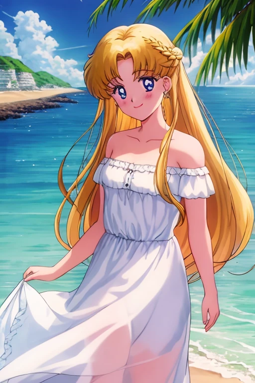 1990s \(style\), masterpiece, best quality, highres, outdoors, small breasts, 1 girl, Solo, Usagi Tsukino, Blue Eyes, Beautiful Detail Eyes, Long Blonde Hair, Straight Hair, Good hands are down, Smile, Blushing, Bare Neck, Bare Shoulders, strapless, White Ruffle Off-the-Shoulder maxi dress. Cowboy shot. A landscape of blue skies, pirate ship with a black flag far away, an ocean with a beach. In the center. Looking at the viewers. Smile