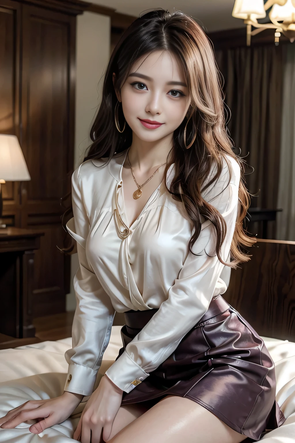 top, highest quality, Realistic, Very detailed, finely, High resolution, 8k wallpaper, 1 beautiful woman,, Sharp focus, Perfect dynamic composition, Beautiful and detailed, thin hair, Detailed Realistic skin texture, smile, Close-up portrait, Model Body Type、president'secretary、mini skirt、High heels、whole body、suit,((brown semi-long hair:1.2))((Gentle inward-curving waves:1.2)),((Gold Necklace_Big earrings:1.2)),((shy smile:1.3)),((Blouse and skirt, Wearing a white silk blouse,Please wear a white shirt and a dark purple skirt.:1.3)), 、whole bodyショット、((Standing whole body figure supermodel, whole bodyがフレーム内に収まる))、in a luxurious room、