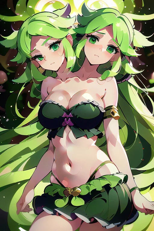 (masterpiece, best quality), best quality, best resolution, (ultra-detailed), (3heads:1.5), 1girl, (fuma mishandra:1.3), masterpiece, best quality, ultra quality, ultra resolution, ultra detail, black top, crop top, ((stomach)), midriff, ((groin)), black skirt, miniskirt, normal ears, shackles, green hair, very long hair, wavy hair, sidelocks, green eyes, parted lips, open belly, sweat, cute, toned belly, hand on own chest, eyelashes, (24 year old woman:1.3), (masterpiece:1.5), (best quality:1.5), (beautiful detailed), extremely detailed CG, extremely delicate and beautiful, depth of field, (finely detailed face), (perfect details:1.2), (mature female:1.3), wide pelvis, slender, large veiny breast, 16k resolution, highres, high quality, high definition, extremely detailed, masterpiece, green hair, long hair, alluring presence, twin braid, short skirt, close up, big tits, young, girl with three heads,