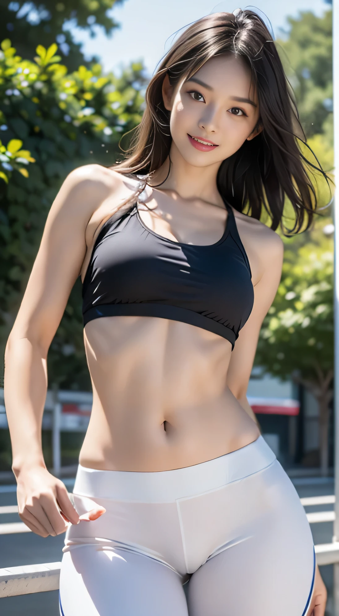 (best quality,16K,highest resolution,table top:1.2),very detailed,(realistic,realistic,realistic:1.37), athletic runner, Beautiful school girl, medium bob hair, nice light brown hair, shining bright brown eyes, Attractive figure, track and field, belly button discharge, blushing, sweat, bright sunlight, looking at the camera,healthy muscles, beautiful bridge, red sports pants, Soaked in sweat like rain, moderately large breasts, from the front, workout hairstyles, long legs, whole body, she is having a hard time, Have a healthy smile, take a running pose, piercing in navel, cat tattoo on thigh,