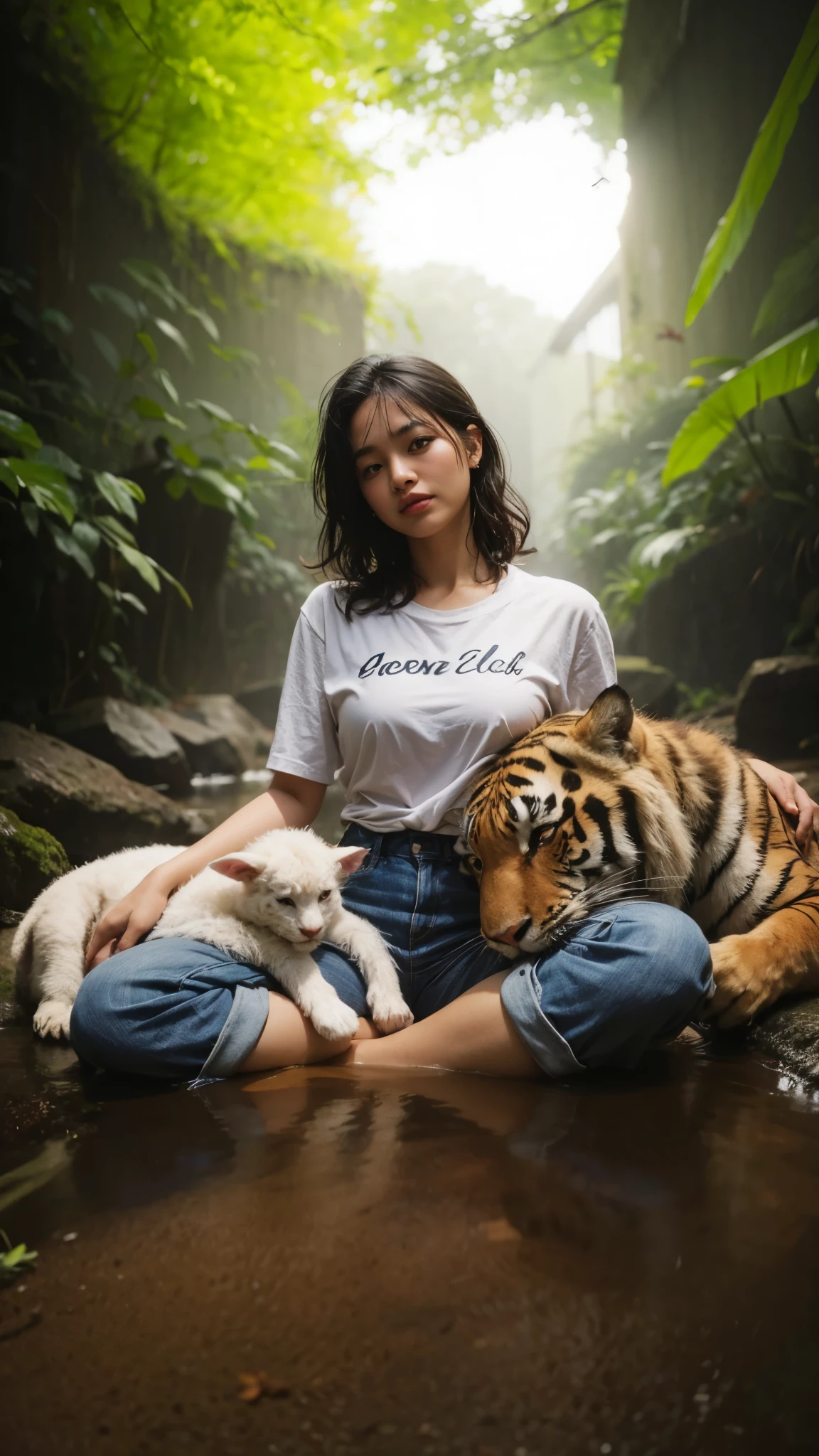 Asian wearing round glasses wearing white T-shirt surrounded by animals in the middle of the forest, menina, animais, tigres, cabelo solto medio,