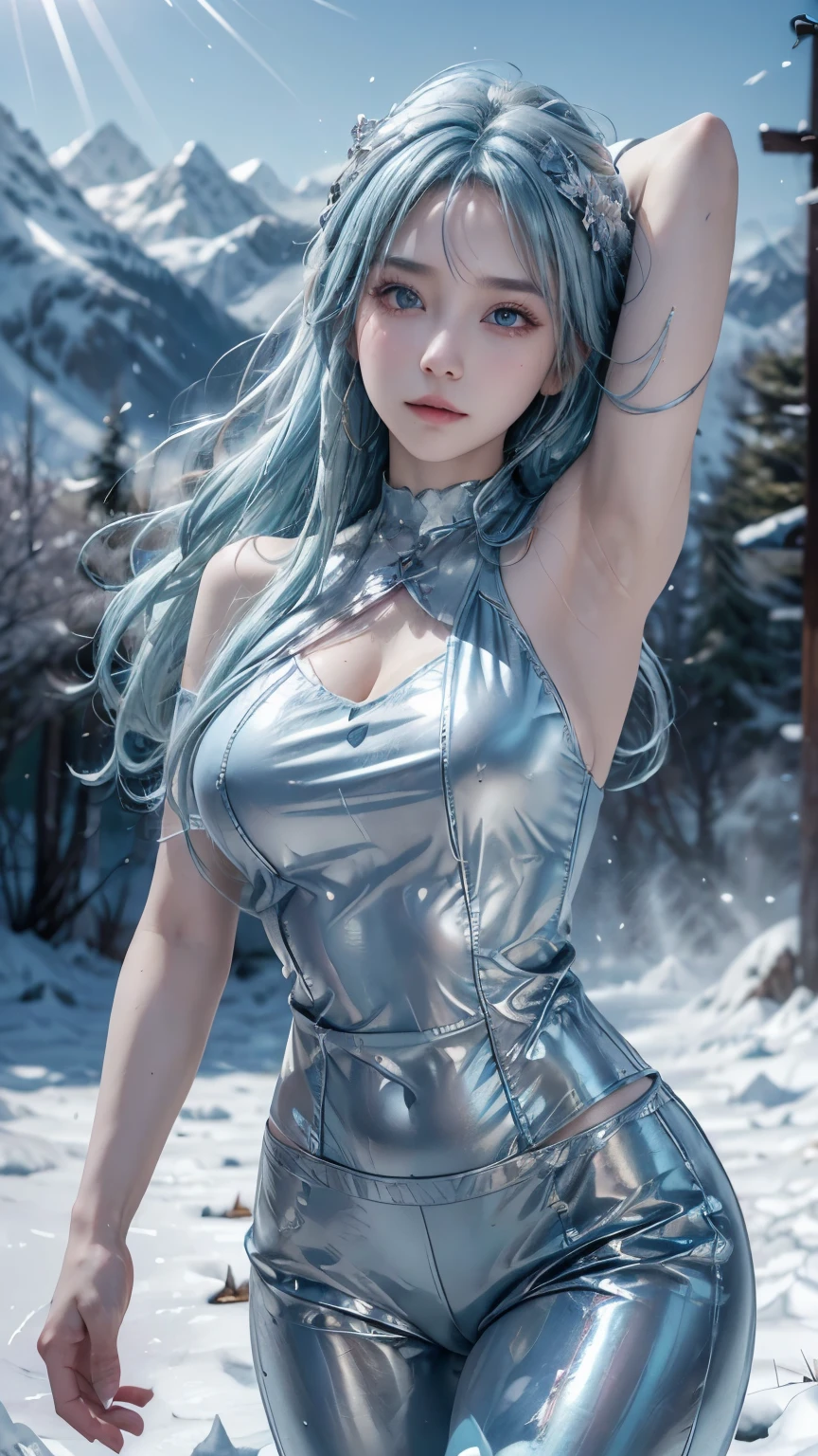 (logo、masterpiece、8k、table top、RAW photo、wonderful、最high quality、Photorealistic and hvery detailed CG integrated 8k wallpaper、high quality、very detailed、Narrative poem、particle effects、dynamic effects、written boundary depth、cinematic light、Lens flare、ray tracing)、fantasy、 (1 beautiful woman、silver hair、beautiful face、real face、beautiful detailed eyes、beautiful skin、dancing woman:1.7、woman dancing gracefully:1.7)、Hair flutters in Wind、hair bounces、髪がWindで踊る、hair jump、halter neck、leather pants、leather jacket、silver earrings、night、Wind、darkness、雪とhoarfrost、very cold winter day、snow-capped mountainや森、hoarfrost、snow-capped mountain々、The beauty and brilliance of frost-covered trees、Serenity and beauty meadow of ice and snow world、vast land、Lakeside、wonderful景色、美しい自然のWind景、night空、Wind、cherry blossoms、cherry blossomsの花びらが舞っている、cherry blossoms吹雪、falling petals