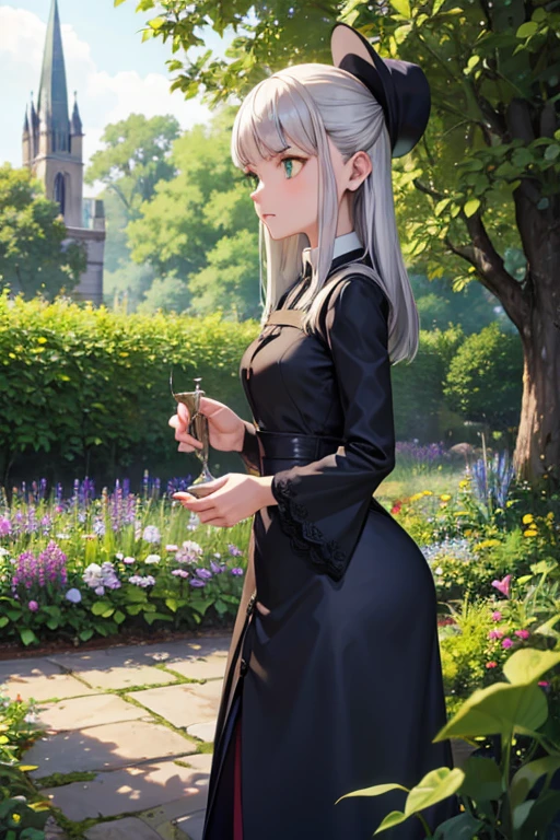 A young silver haired female witch with green eyes and an hourglass figure in a conservative Victorian dress is picking out poisonous herbs in a garden