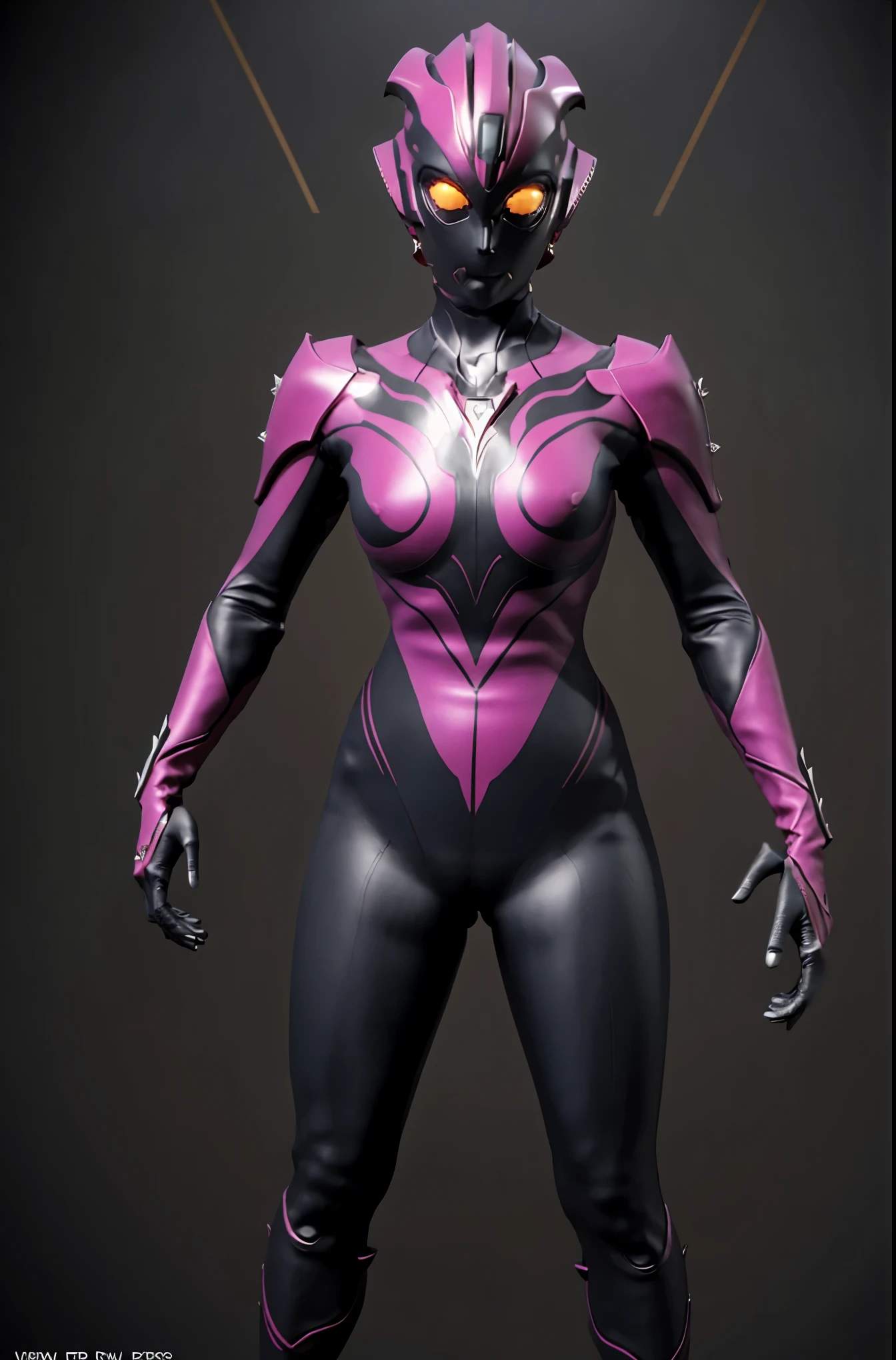 Ultraman Woman. （high quality）（luster）（Black and Pink thema color）（Black helmet. Black mask）women only. The whole body is covered with a black bodysuit. Spike decoration. Pink lines all over the body. purple coloreye. pink glow crystal. pink sharp claw. dark background. Cameltoe. From below. Spread legs. show off groin. spread legs.