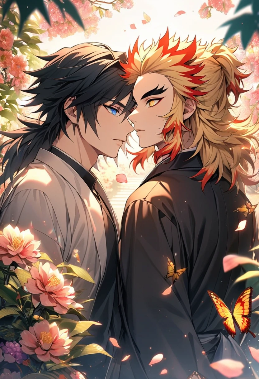 Ultra detailed, highres, absurdres, HDR, Rengoku Kyojuro, blond hair, golden eyes, Tomioka Giyuu, black hair, blue eyes, Kimetsu No Yaiba, gpink leaves, flowers and petals, summer, 2 men together, gay couple, handsome, butterflies