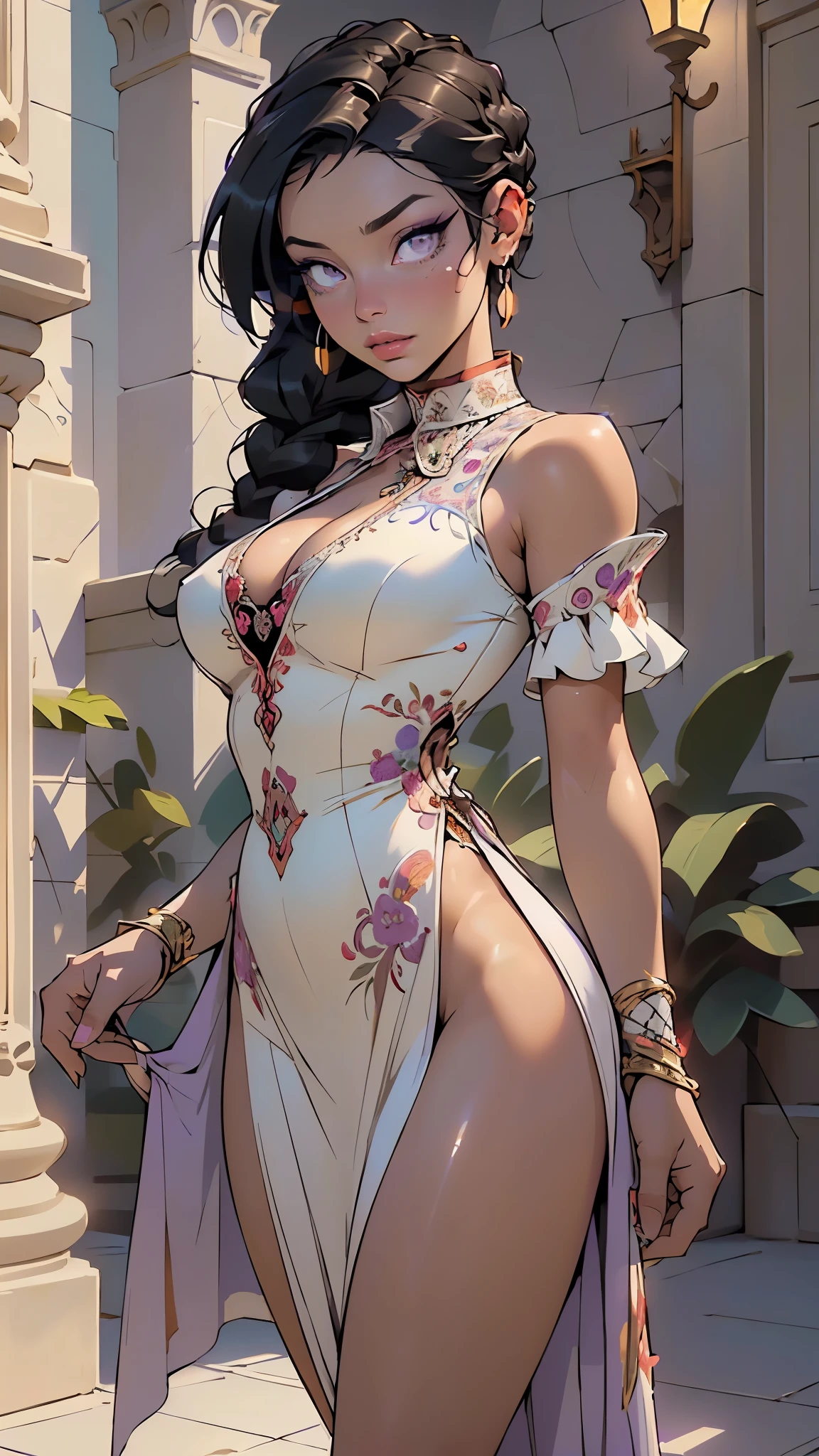 girl from Victorian era,1girl,
(large breasts:1.4),((((long twin braids,tight braids,long braid,braided hair,long hime cut,dark hair,black hair,colored inner hair)))),(((purple_eyes:1.3))),intricate eyes,beautiful detailed eyes,symmetrical eyes,((((lustrous skin:1.5,tanned skin,bright skin: 1.5,skin tanned,shiny skin,very shiny skin,shiny body,Reflective skin)))),(spider lower abdomen,narrow waist,wide hip,athletic body,inflated legs,thick thighs,delicate detailed fingers,(detailed face)),beautiful detailed lips,
cute,slutty,sensual,seductive look,seductive,((erotic)),opulent,sumptuous,((nsfw)),
(((eyeshadow,egyptian makeup,eyelid makeup))),zettai ryouiki,revealing clothing,show skin,(her gown is French silk, satin, and lace, decorated with ribbons, delicate embroidery, multiple layers, and rich colors), (in a purple dress, big chest cleavage, in a beautiful ball gown with open shoulders of purple color), ((open collar, revealing most breasts,huge cleaveage)), (((bare legs,bare shoulders,bare neck))),(((intricate outfit,embroidered outfit,ornate outfit,embroidered clothes,ornate clothes))),
(flirtatious pose:1.3), looking at viewer,embarrassed,(centered,scale to fit dimensions,Rule of thirds),
((((surrounded by tiny orbs of bright purple light that float and spin around him)))),
indoor,((Victorian style dark palace at night)),scenery:1.25,intricate scenery,extremely scenery,((Victorian style dark palace in the background)),
(Glossy Victorian era ornaments),highres,sharp focus,(ultra detailed,extremely detailed),(photorealistic artwork:1.37),(extremely detailed CG unity 8k wallpaper),(((vibrant colors,vibrant theme))),(intricate),(masterpiece),(best quality),artistic photography,(photography taken by sldr),(intricate background),perfect rendered face,perfect face details,realistic face,photo realistic,((intricate detail)),(((realism))),
