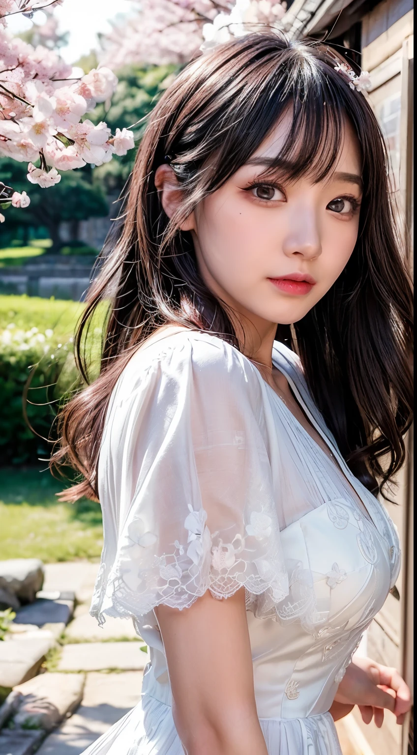 (logo、masterpiece、8k、Tabletop、RAW Photos、wonderful、最high quality、フォトリアリスティックでVery detailedな CG 統合 8k 壁紙、high quality、Very detailed、Narrative poem、Particle Effects、Dynamic Effects、Written boundary depth、Cinematic Light、Lens flare、Ray Tracing)、Fantasy、 (1 beautiful woman、dress、dress、Cherry blossom pattern、Black-haired、Beautiful Face、True Face、Beautiful details、eye、Beautiful Skin)、髪がWindで踊る、Hair flutters in Wind、hair bounces、Pink cherry blossom tree、Petals fluttering、SakuraFubuki、wonderful景色、sunrise、Sun in the background、Wind、
