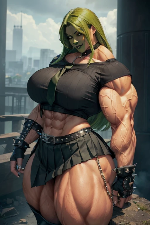 ((((Massive, tall, beautiful, buff, light brown skinned muscular woman with green hair, black lipstick, ginormous bulky muscles, wearing a black gothic blouse with pleated skirt and tie)))), close view, (black lipstick), massive muscle, massive biceps, hyper muscle shoulders, (ginormous muscle arms), hyper muscle triceps, (curvy long hair), orange eyes, choker, (chain belt), black boots, (spiked gauntlets), (fingerless gloves), (in a destroyed chaotic city), evil smile, night, hyper vascular arm, hyper muscles arms, hyper muscle legs, (ginormous arms).