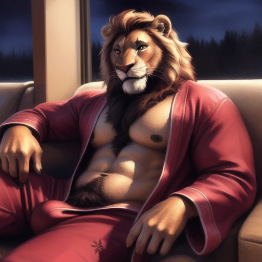 Lion, male, solo, adult, abs, pecs, nipples, older, strong muscles, long mane, detailed face, beautiful eyes, detailed eyes, sit in sofa, black bathrobe, open bathrobe, muscular chest, muscular, seductive face, bodybuilder body, beefy, living room, pijama pants, night, massive bulge, happy trail, looking_at_viewer, by bruteandbrawn, by personalami, by kenket, (intricate, high detail, film photography, soft focus, RAW candid cinema,
photorealism, realistic, photorealistic, analog style, subsurface scattering,
masterpiece, best quality, ultra realistic, 8k)