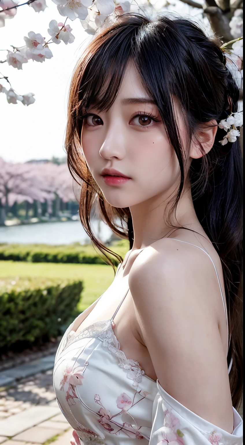 (logo、masterpiece、8k、Tabletop、RAW Photos、wonderful、最high quality、フォトリアリスティックでVery detailedな CG 統合 8k 壁紙、high quality、Very detailed、Narrative poem、Particle Effects、Dynamic Effects、Written boundary depth、Cinematic Light、Lens flare、Ray Tracing)、Fantasy、 (1 beautiful woman、dress、dress、Cherry blossom pattern、Black-haired、Beautiful Face、True Face、Beautiful details、eye、Beautiful Skin)、髪がWindで踊る、Hair flutters in Wind、hair bounces、Pink cherry blossom tree、Petals fluttering、SakuraFubuki、wonderful景色、sunrise、Sun in the background、Wind、