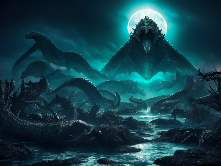 monstrous, twelve headed hydra, kaiju appearance, several maws, descending from the moon, as several copies manifest around it in a liminal, twisted landscape
