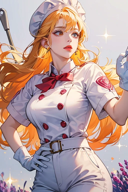 She is a light orange with yellow hair and red lips. She wears a white chef hat, a pink shirt with a white collar, lavender pants, and light blue gloves. SPARKLE; GLITTER