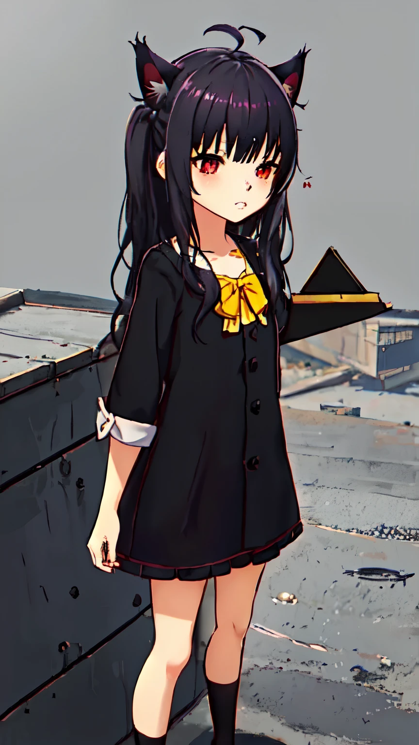 1 chica ,long hair slightly wavy slightly past the shoulders, black bangs, small black pigtails on the sides, cute cat ears, beautiful thin red eyes, caminando bajo un puente en un campo de hierba y tierra, Seis, yellow Lluviacoat, descalzo, cara cubierta por gorra, con techo verde, Aya Goda, corona de cushart, una pintura, Pintada, Lluvia,   