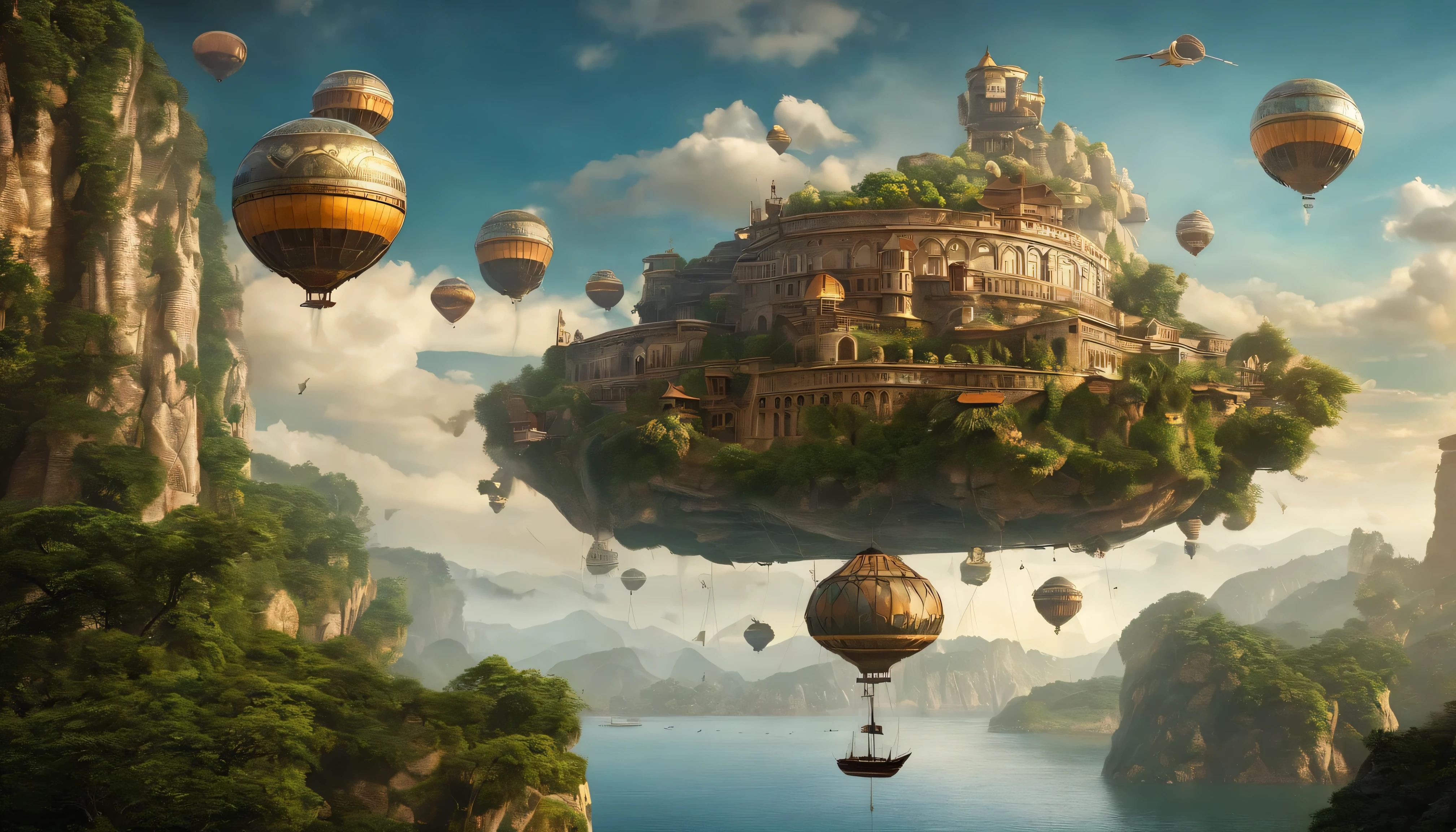 Many islands are suspended in the air with many small airships flying around, cities, fantasy, magical plants growing, extreme details, realistic light, epic composition, (complex details), (complex design, ultra-details :1.2), Art Station, (Masterpiece, Best Quality), Ultra HD, 32k --v 6